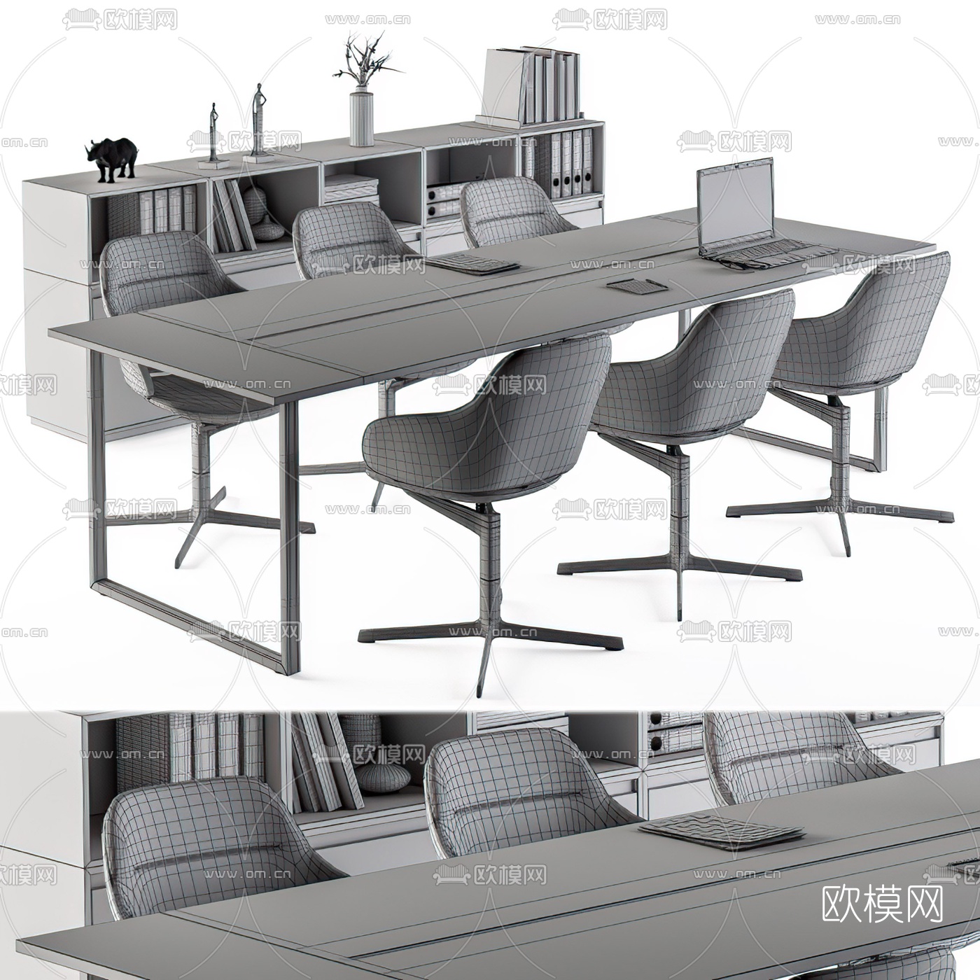 现代方形会议桌椅书柜3d模型