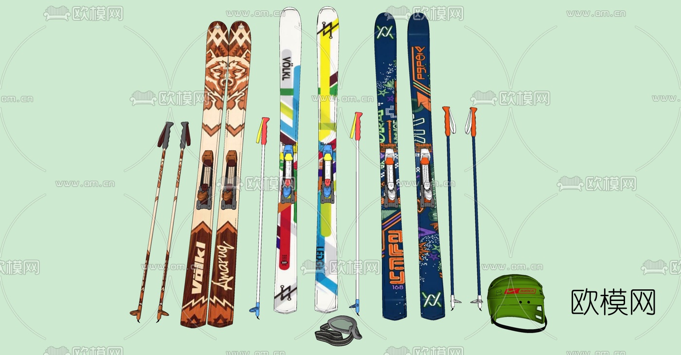 现代滑雪板滑雪杖雪橇su模型下载
