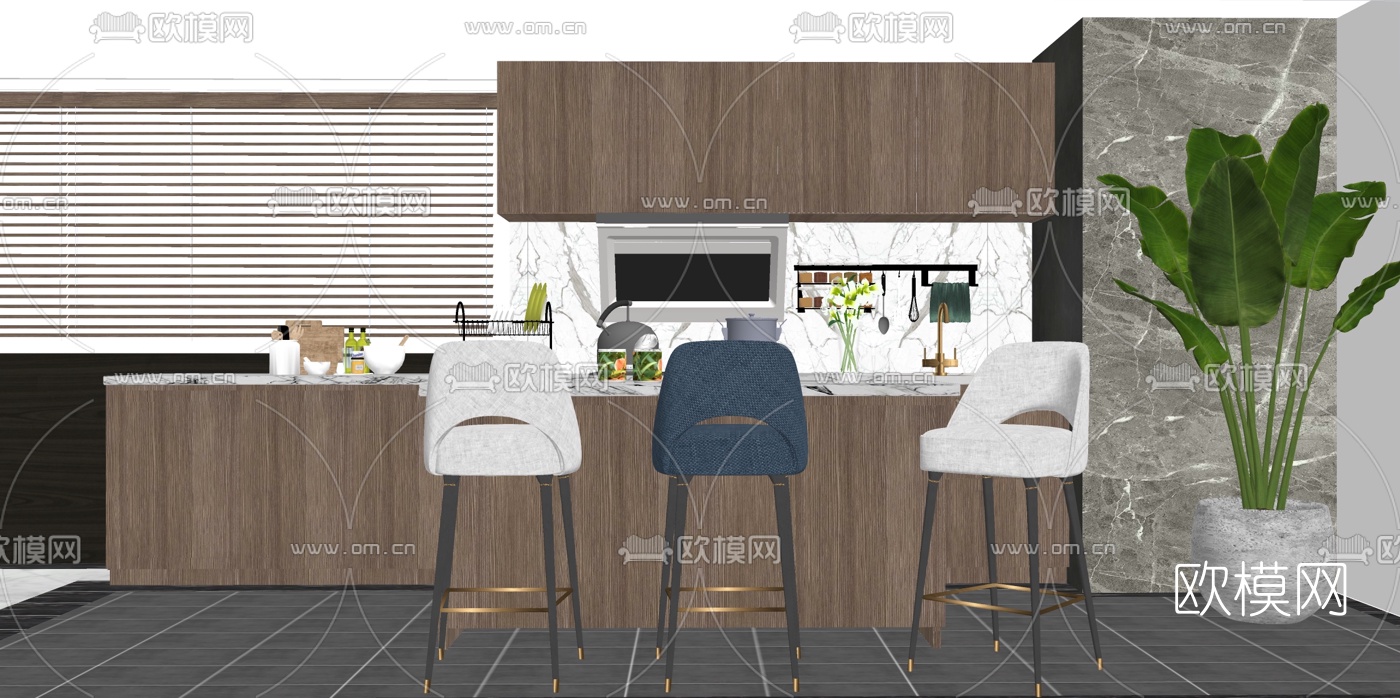 现代轻奢吧台桌椅su模型下载