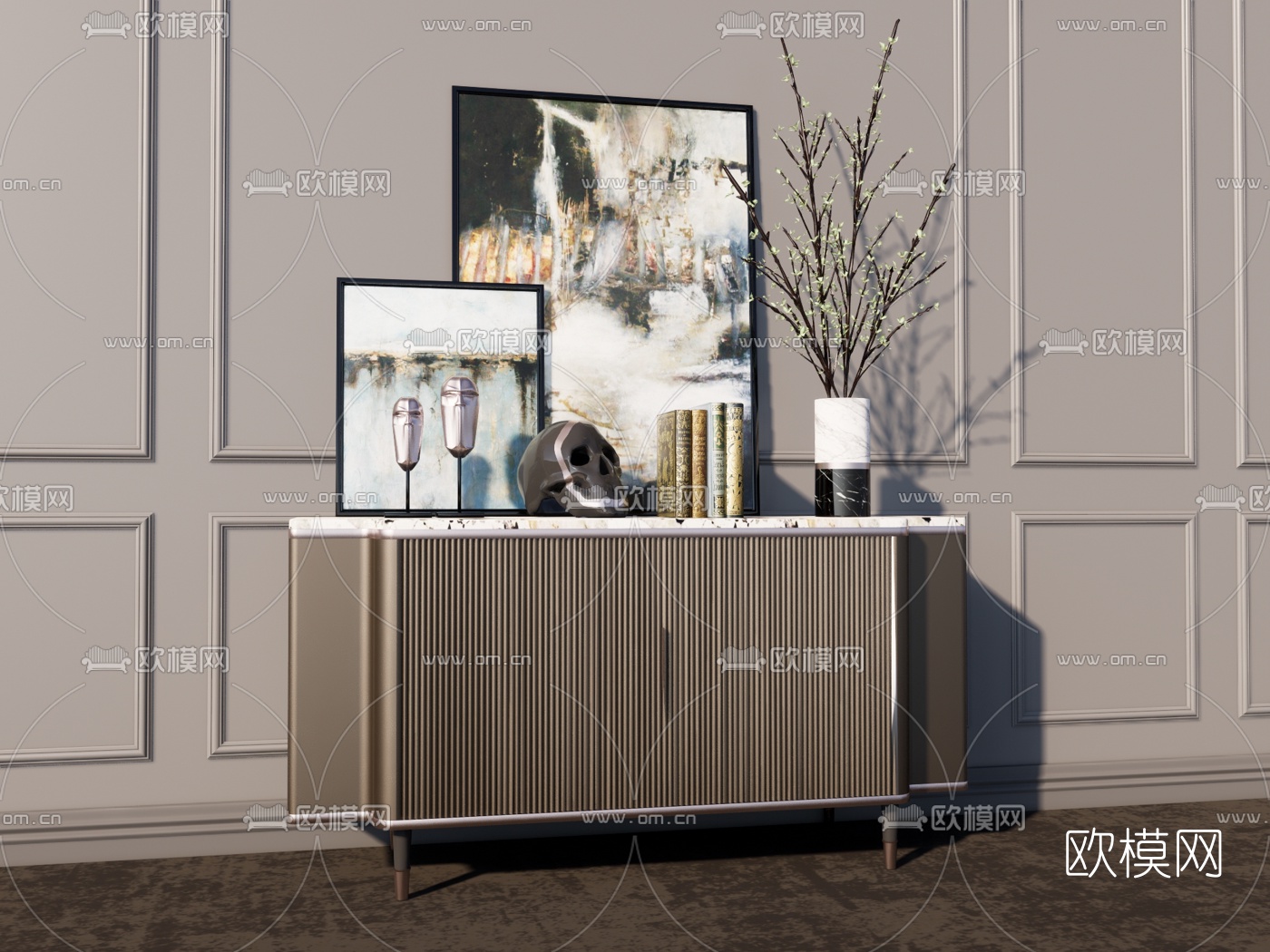 现代轻奢边柜su模型下载（渲染图1）