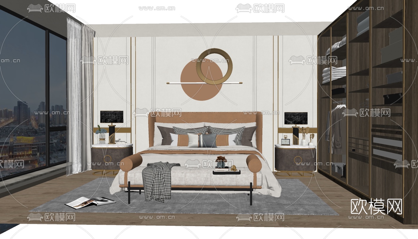 现代布艺双人床su模型下载