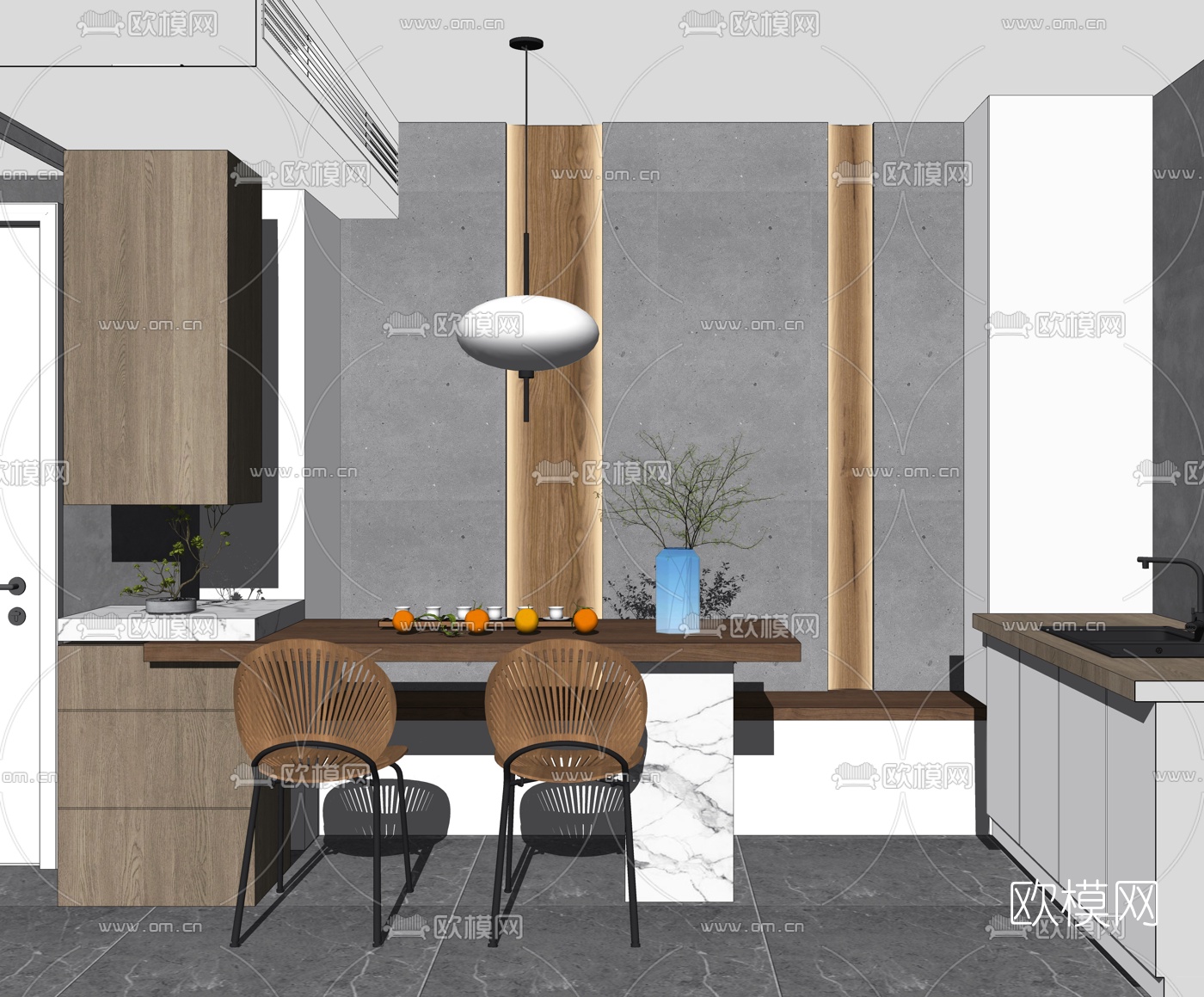 现代厨房餐厅su模型下载（渲染图2）