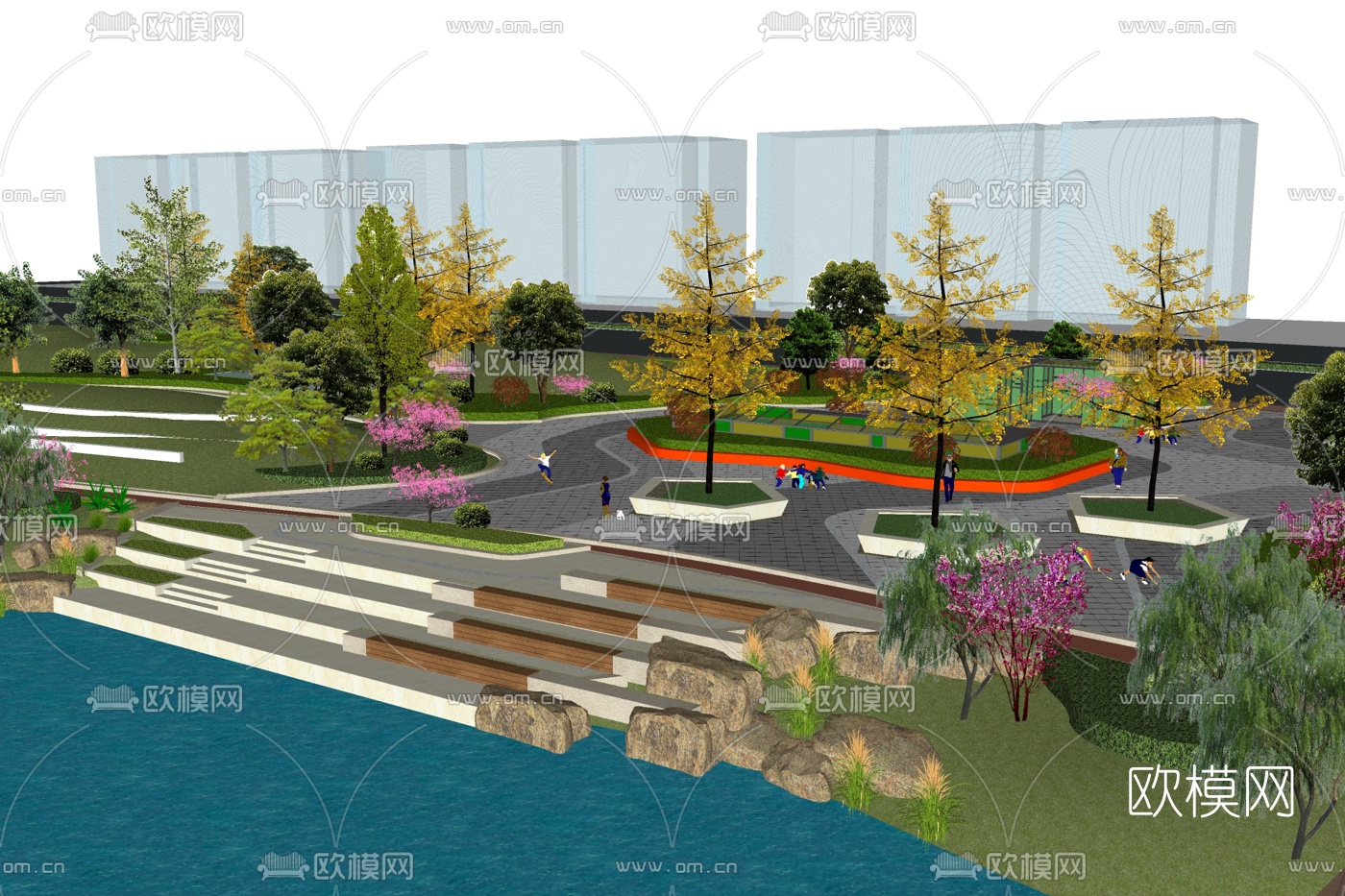 现代公园广场su模型下载