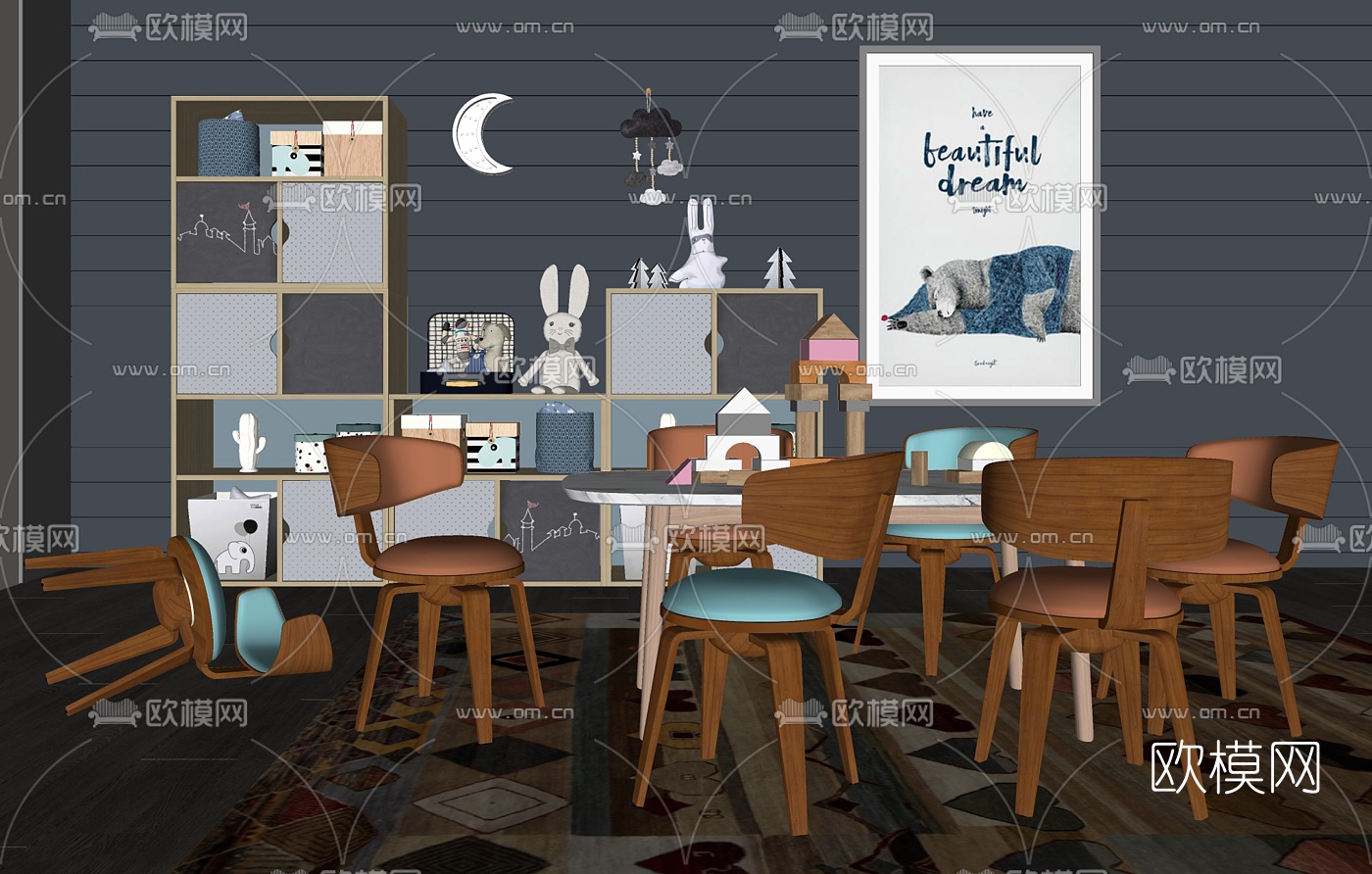 北欧儿童餐桌椅su模型下载（渲染图2）