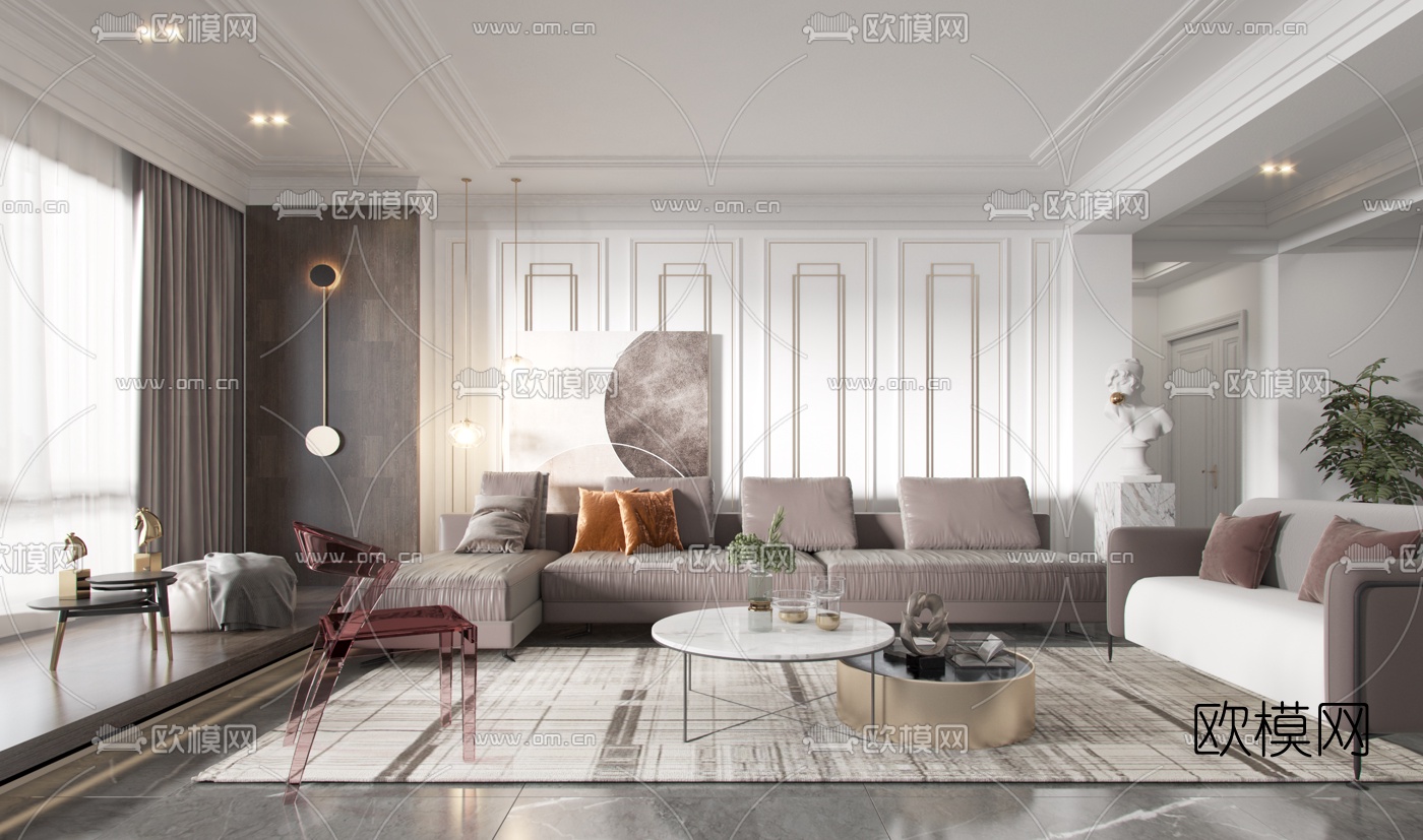 简欧布艺沙发组合3d模型下载（渲染图1）