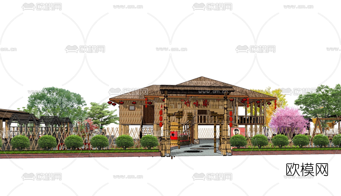 中式农家乐外观su模型下载（渲染图1）