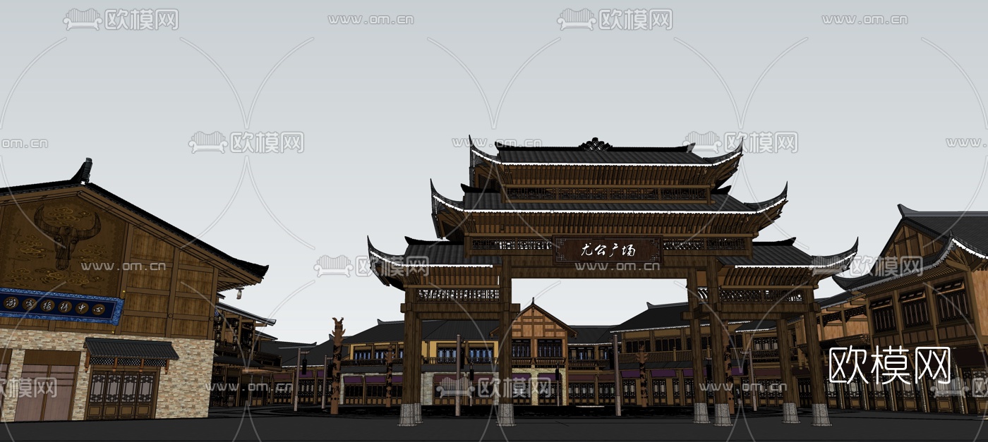 中式商业街su模型下载（渲染图3）