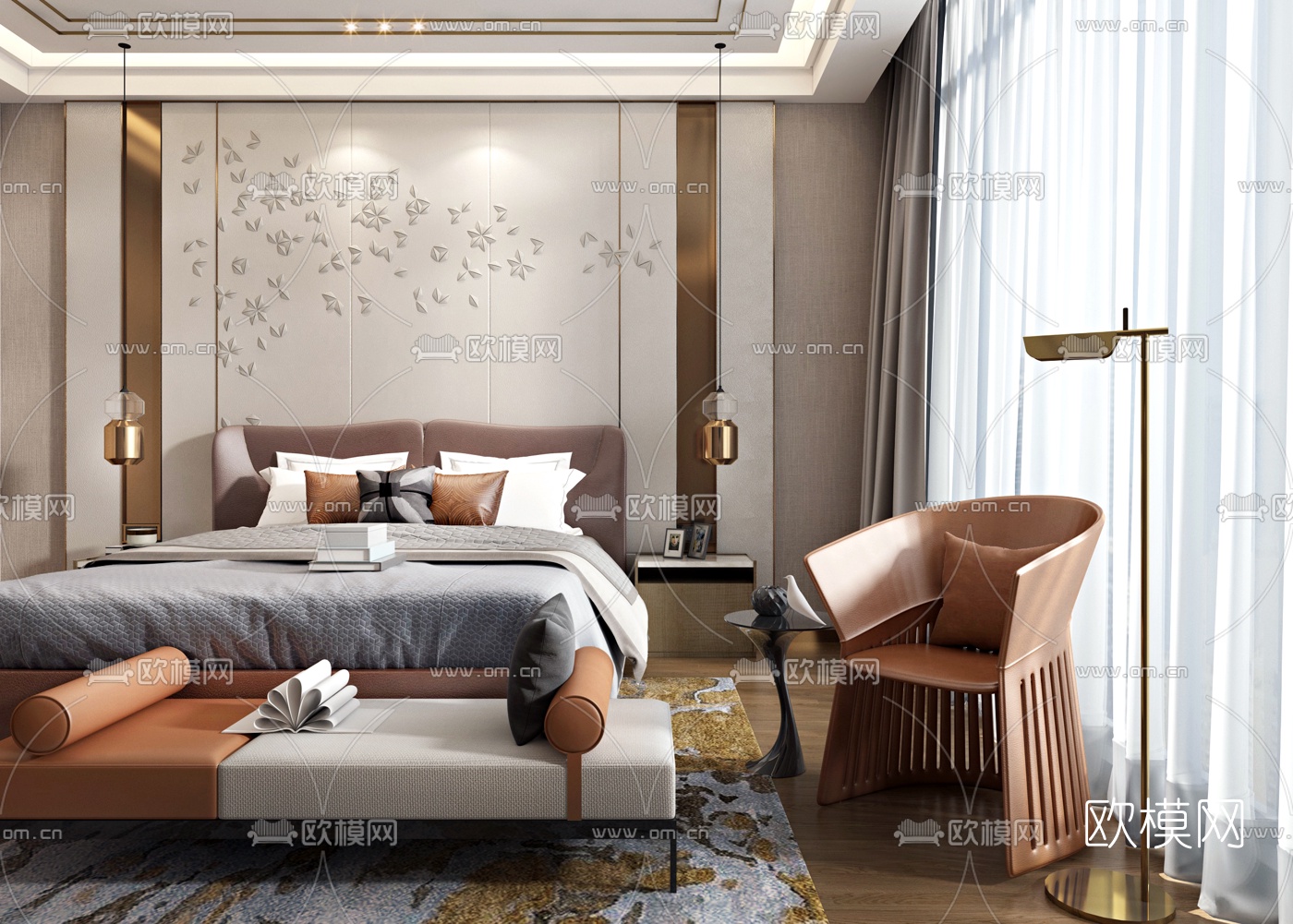 现代轻奢双人床3d模型下载（渲染图1）