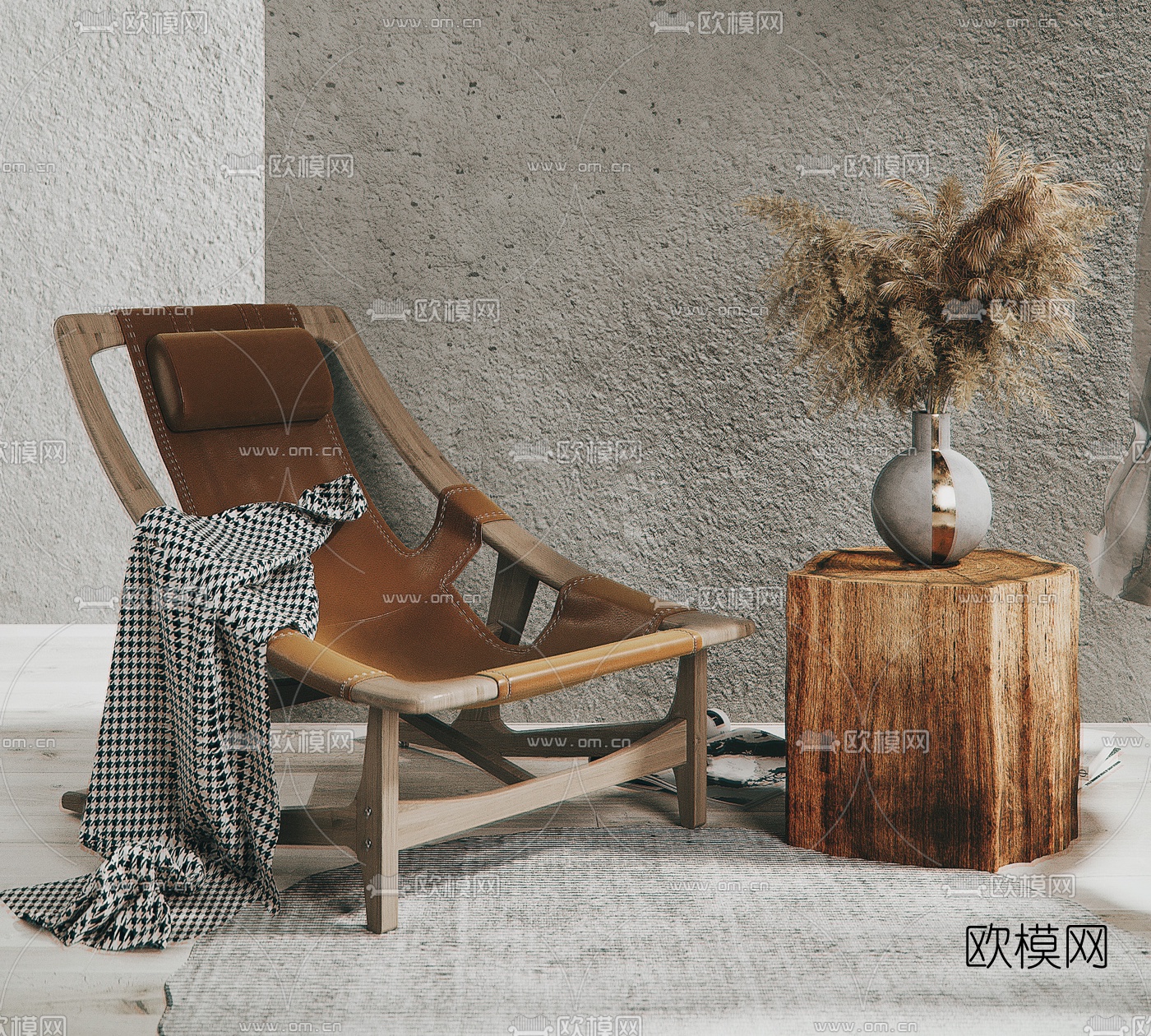 自然风皮革躺椅圆几3d模型下载（渲染图2）