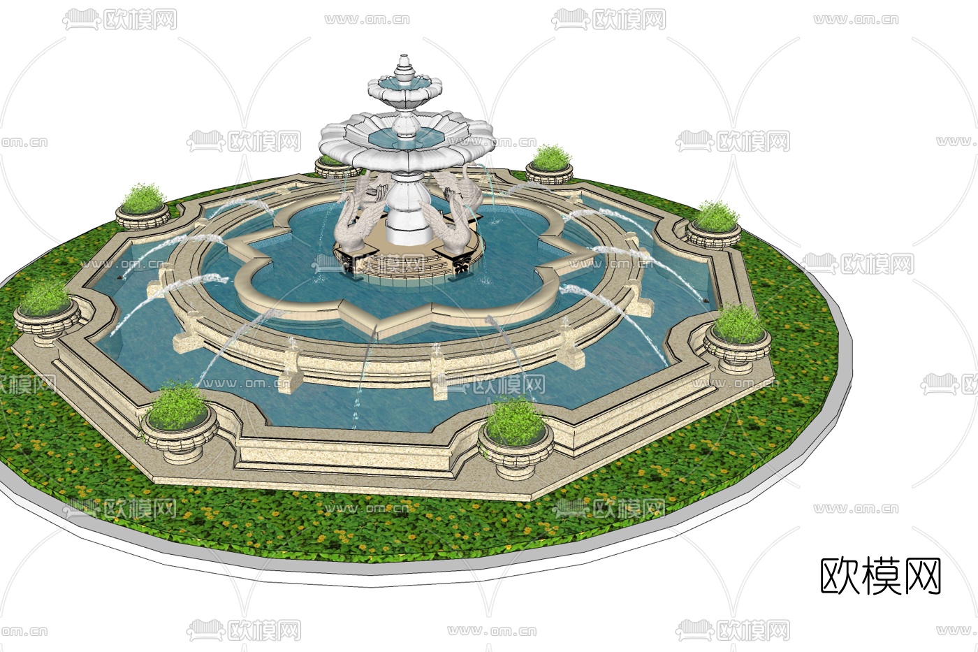 欧式水池喷泉小品免费su模型下载