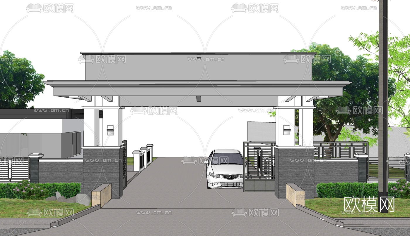 新中式小区大门免费su模型下载