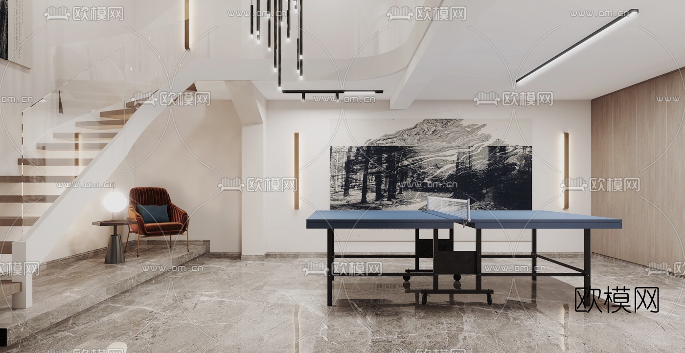 现代地下室休息室兵乓球室3d模型下载（渲染图2）