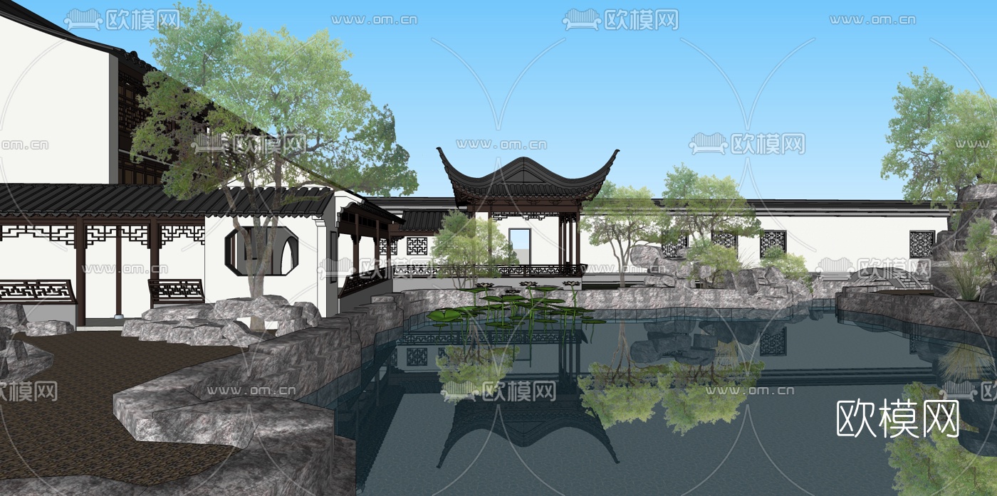 中式别墅庭院景观su模型下载（渲染图6）