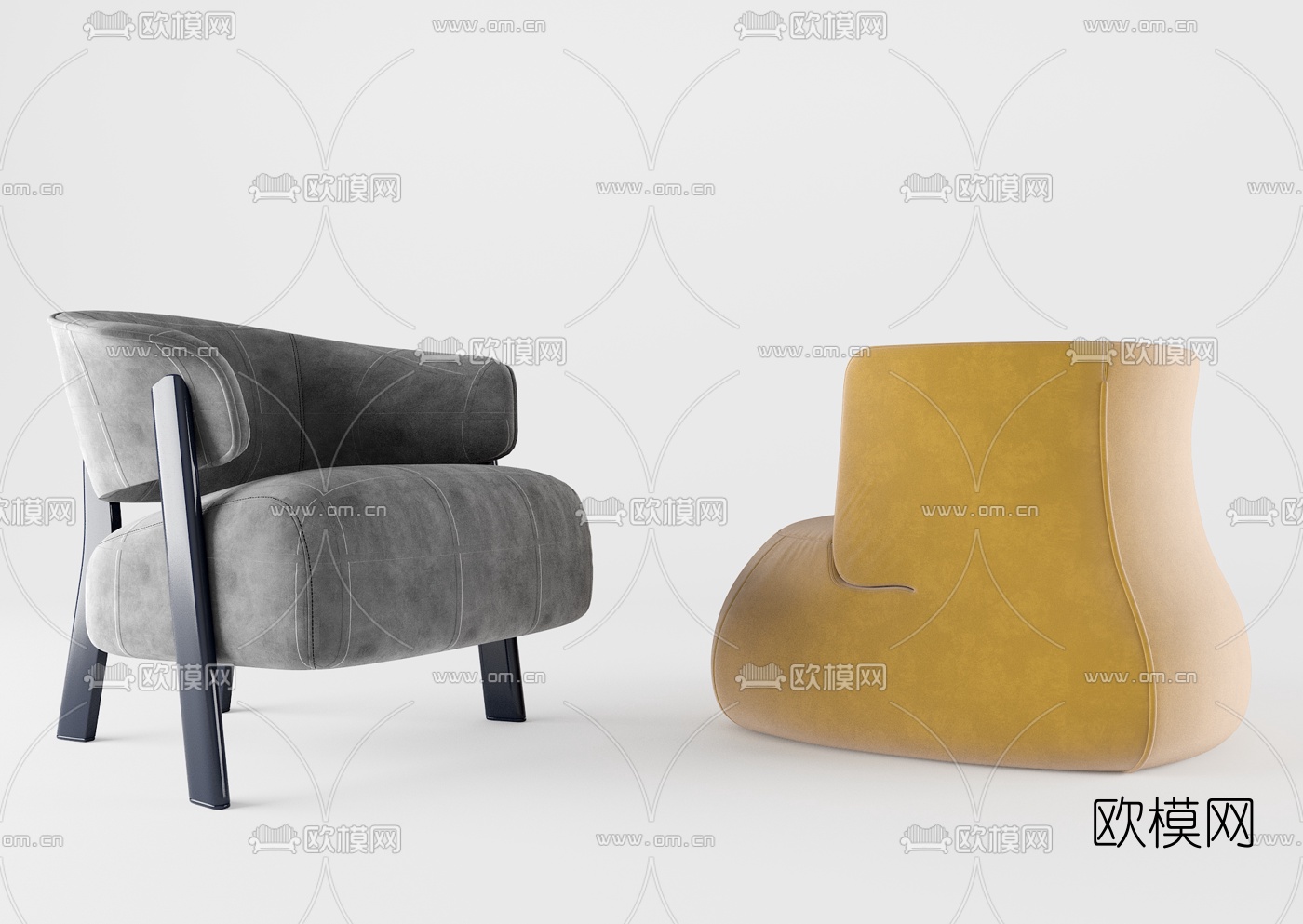 现代绒布单人懒人沙发3d模型下载（渲染图2）