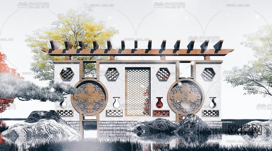 中式影壁墙景观墙3d模型下载