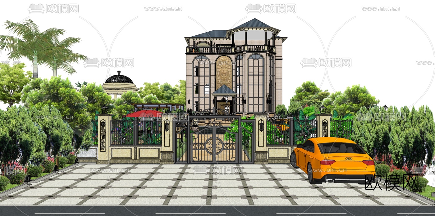 欧式别墅庭院景观su模型下载（渲染图2）