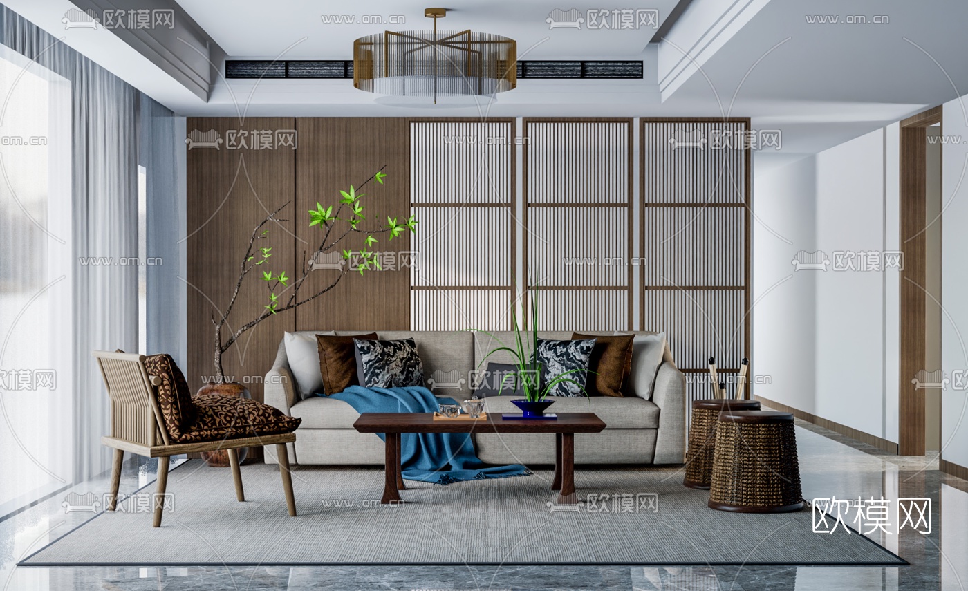 日式布艺沙发组合su模型下载（渲染图1）