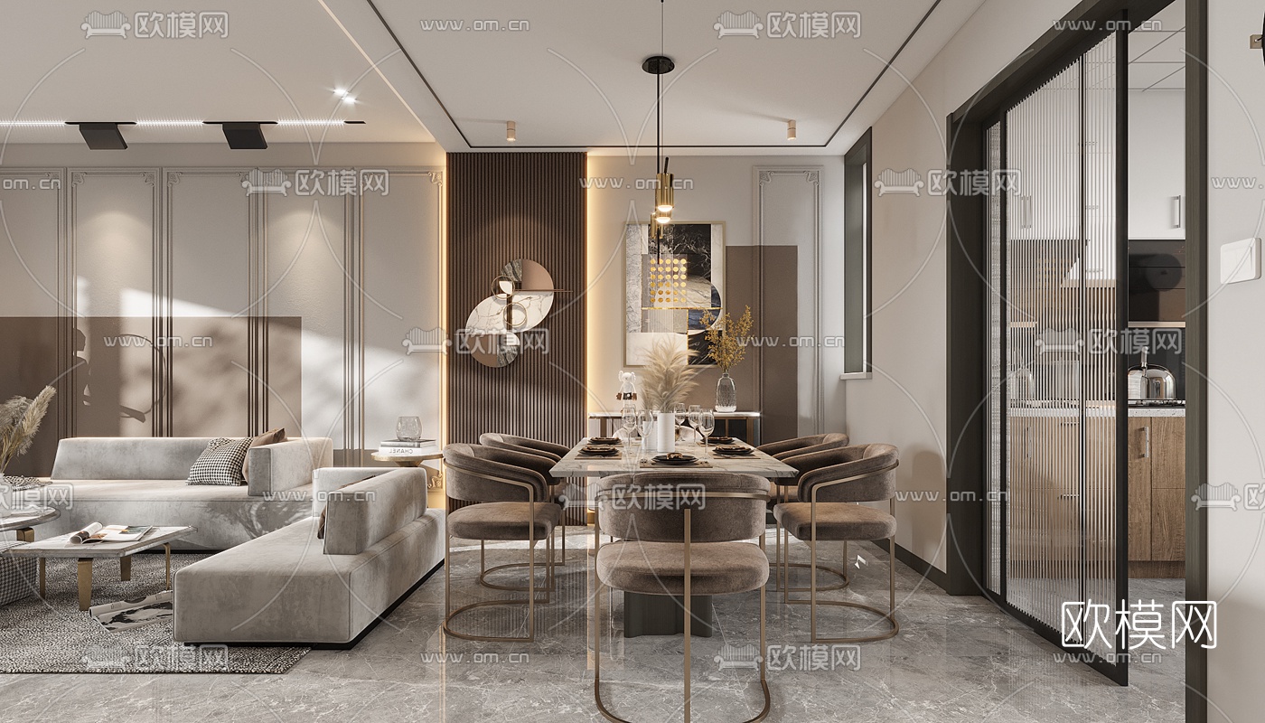 现代轻奢复式客厅餐厅3d模型下载（渲染图4）