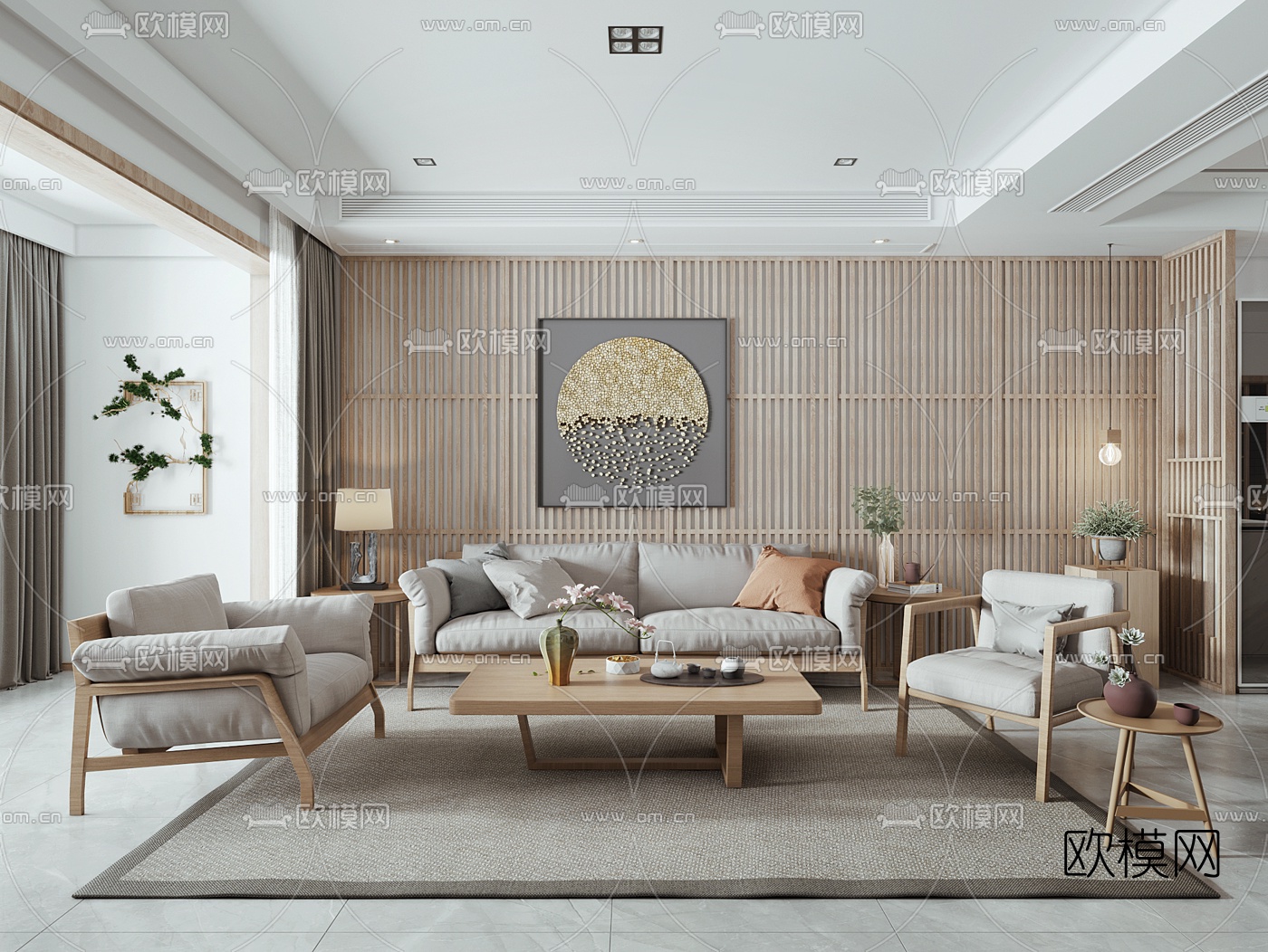 日式客厅餐厅3d模型下载（渲染图1）