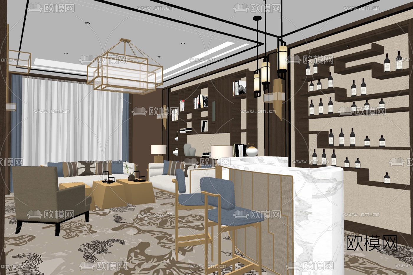 新中式组合沙发su模型下载