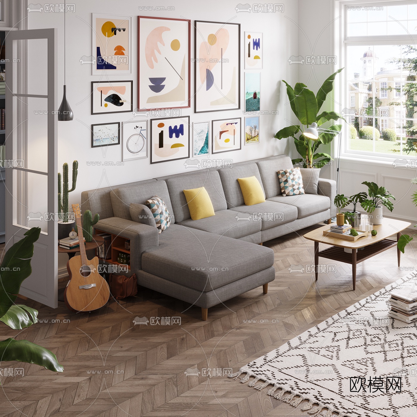 北欧布艺转角沙发组合3d模型下载（渲染图1）