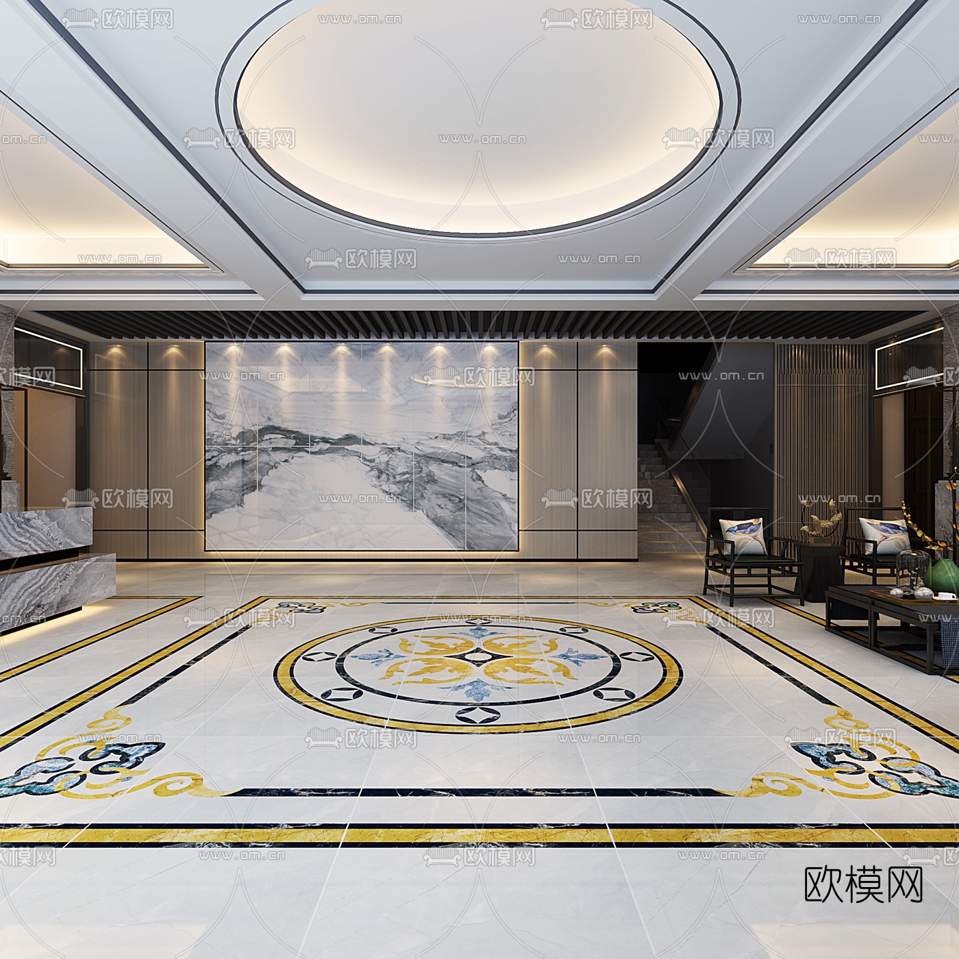新中式办公大堂前台免费3d模型
