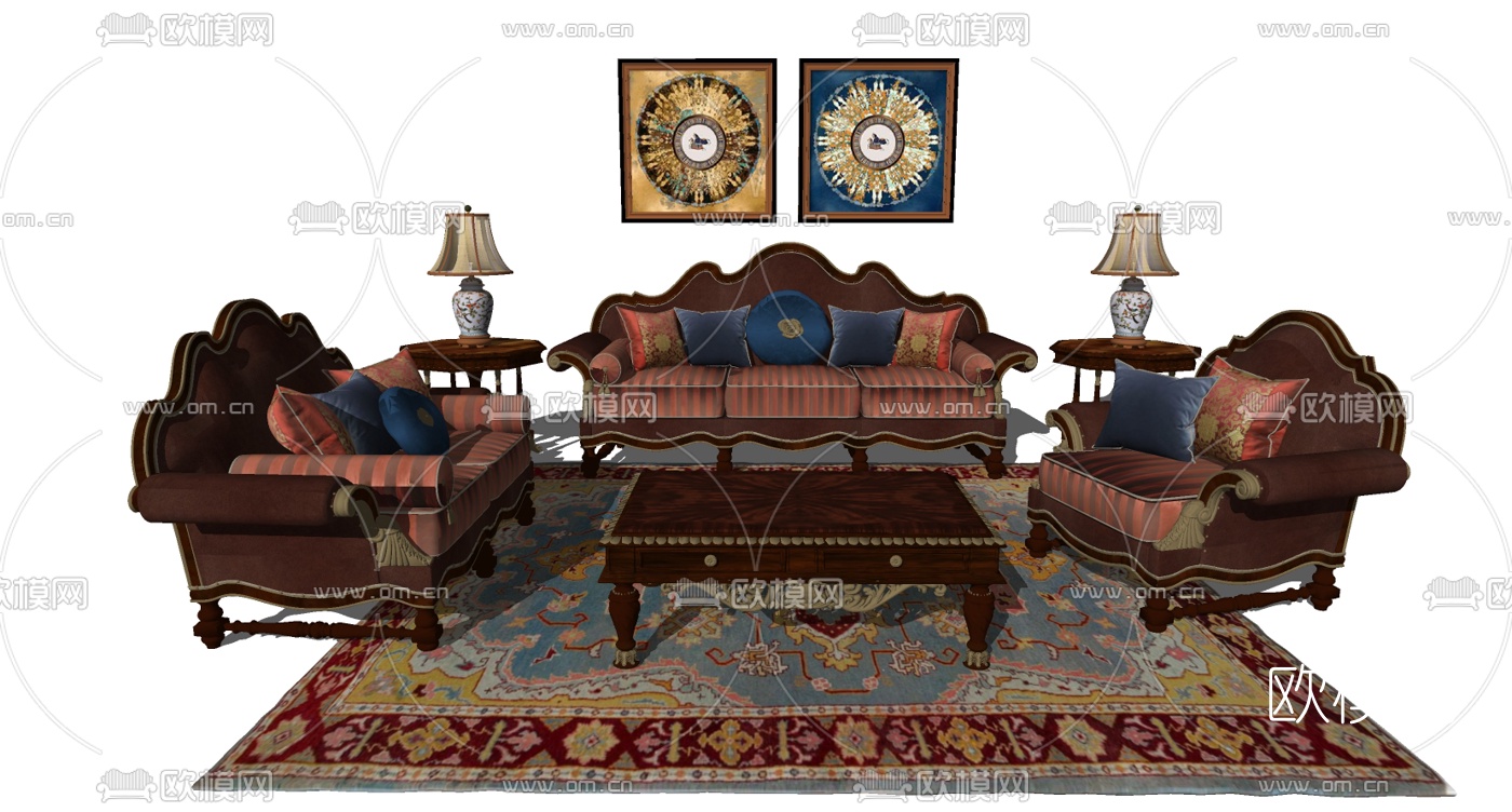 欧式布艺组合沙发su模型下载