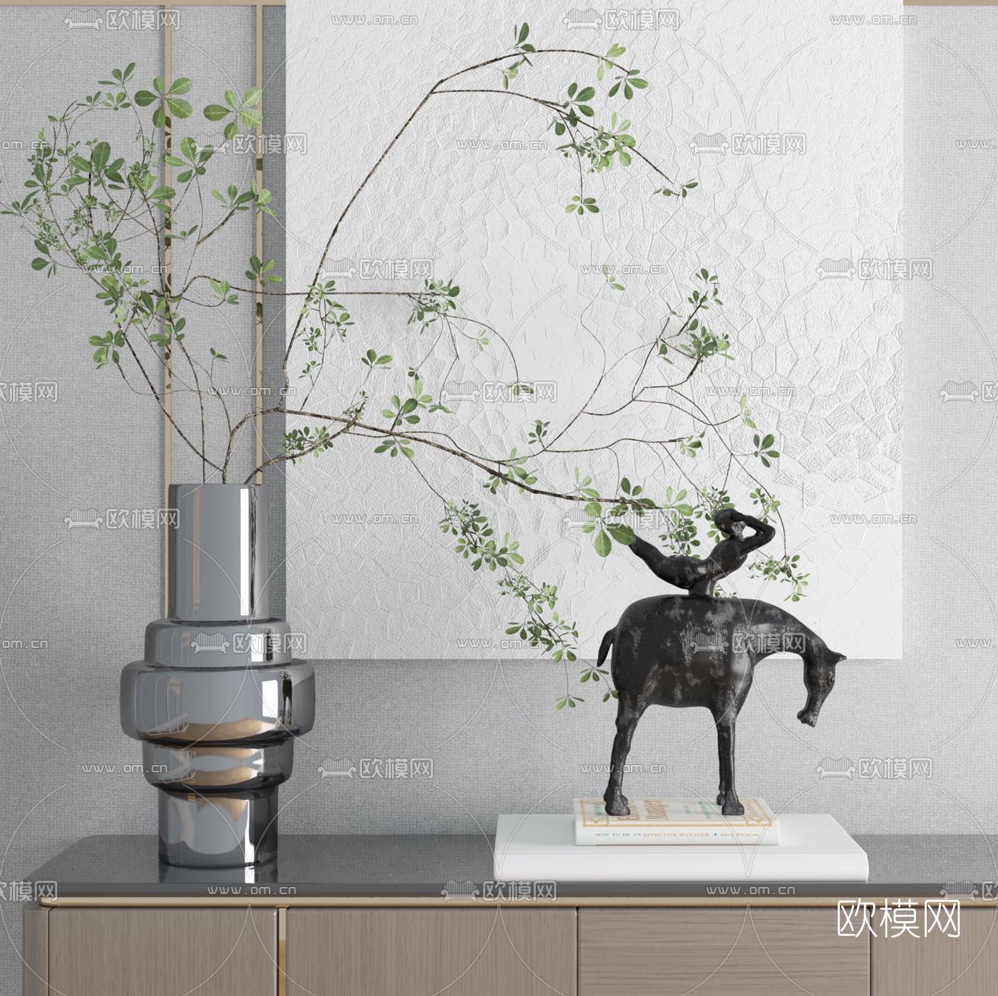 现代花瓶插花雕塑书籍摆件3d模型
