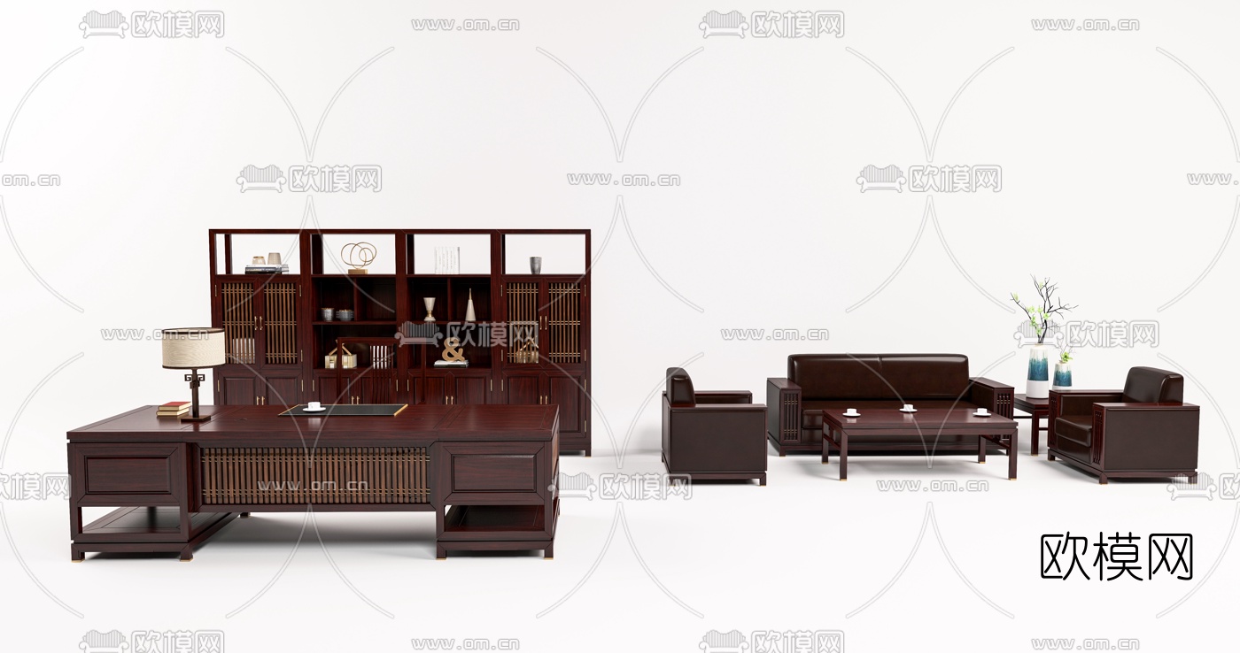 新中式实木大班台桌椅免费3d模型下载