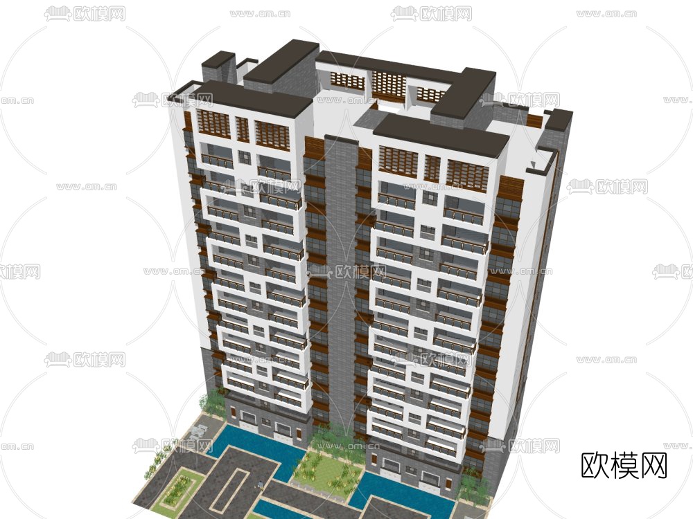 中式高层住宅建筑外观su模型下载（渲染图3）