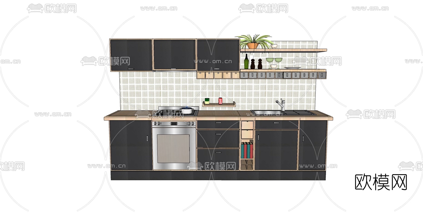 现代厨房橱柜su模型下载