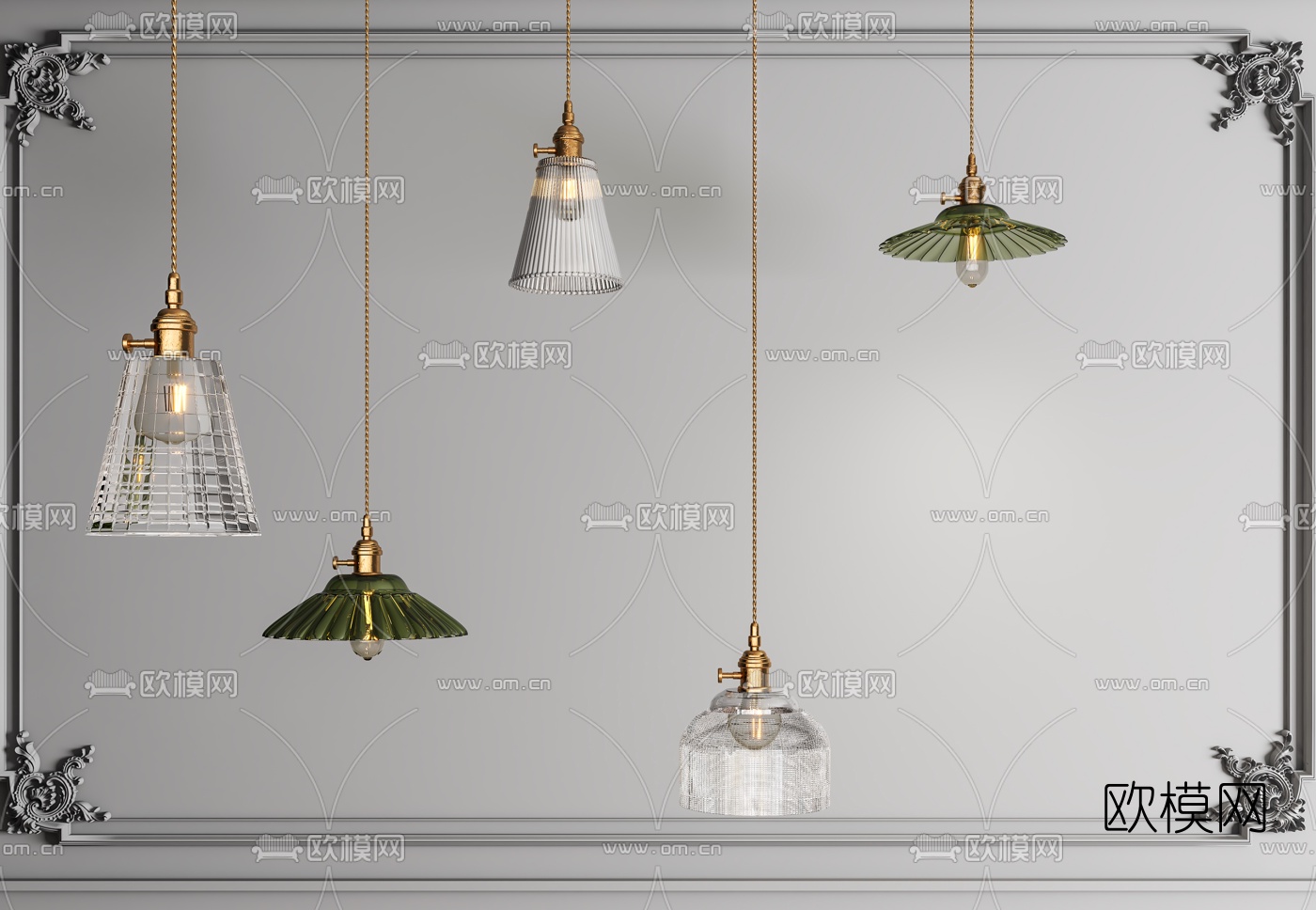 美式金属玻璃吊灯3d模型下载（渲染图1）