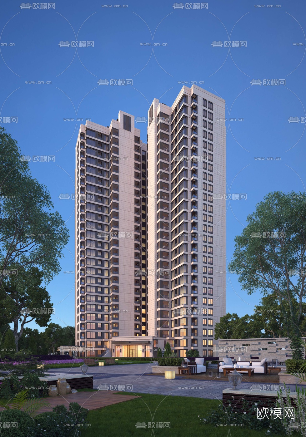 现代高层住宅楼外观夜景3d模型下载