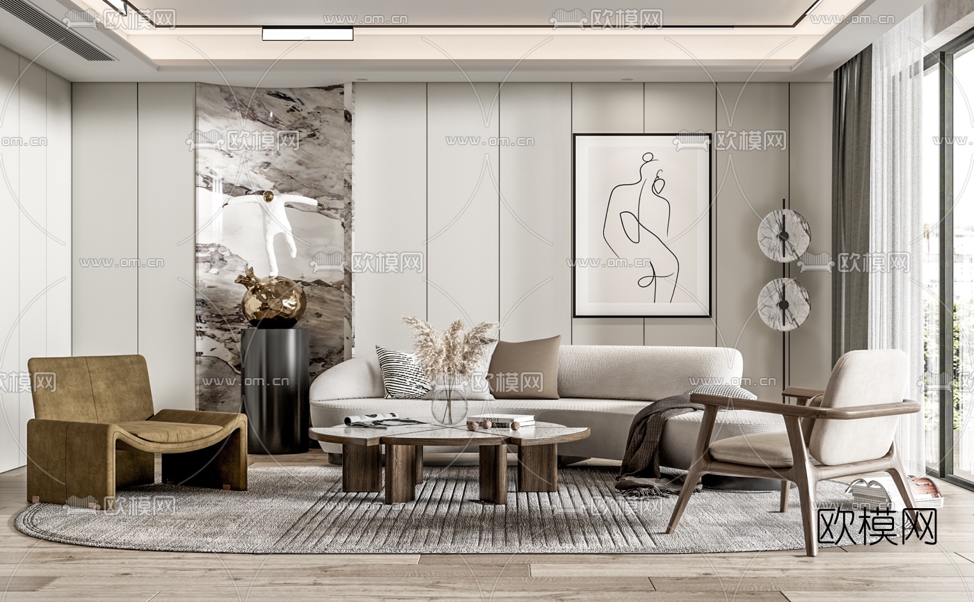 现代布艺沙发组合su模型下载（渲染图1）