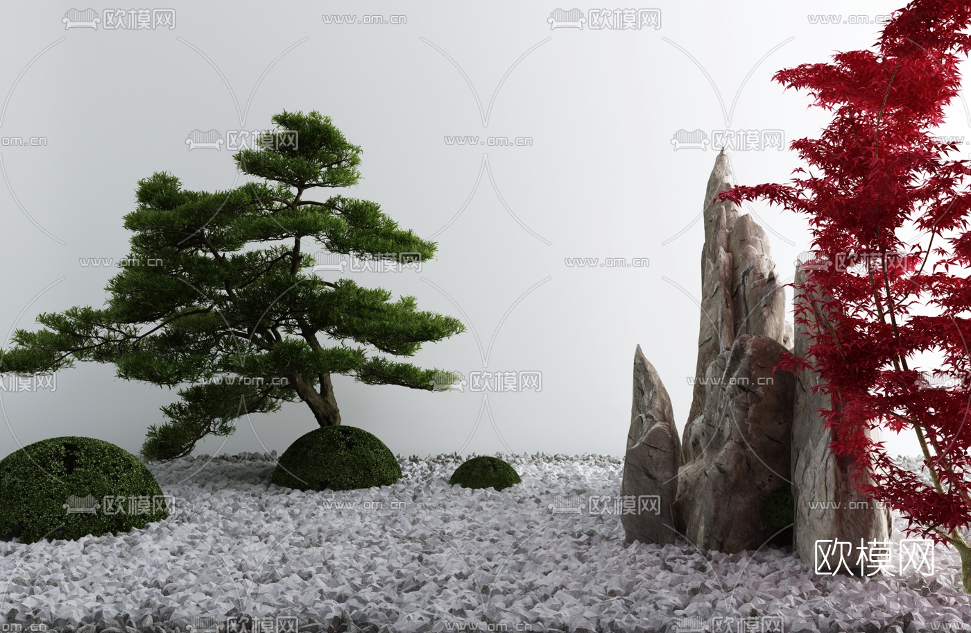 新中式松树假山园艺小品3d模型下载