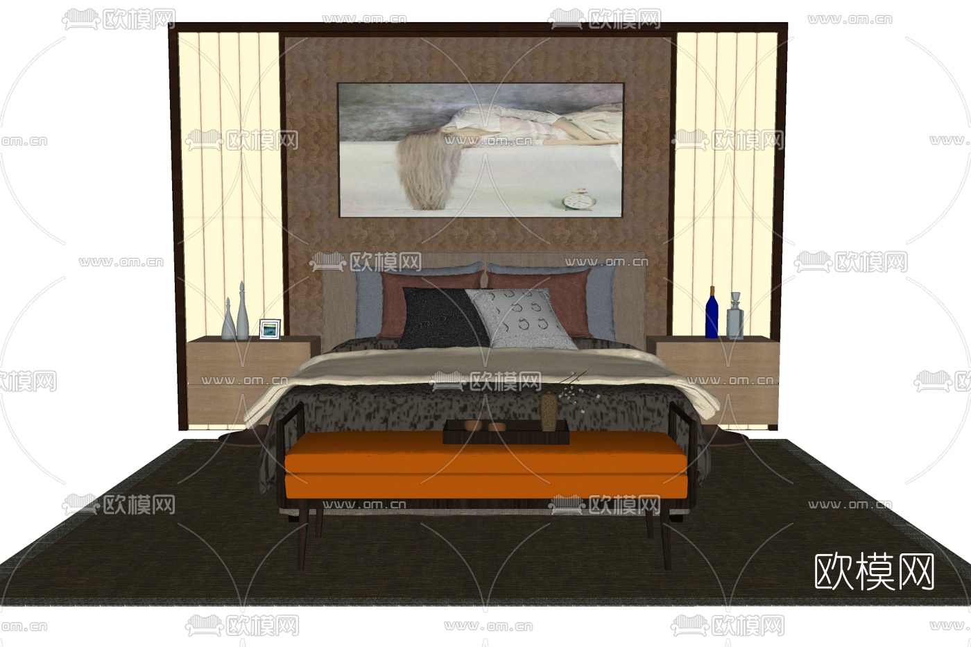 现代布艺双人床su模型下载