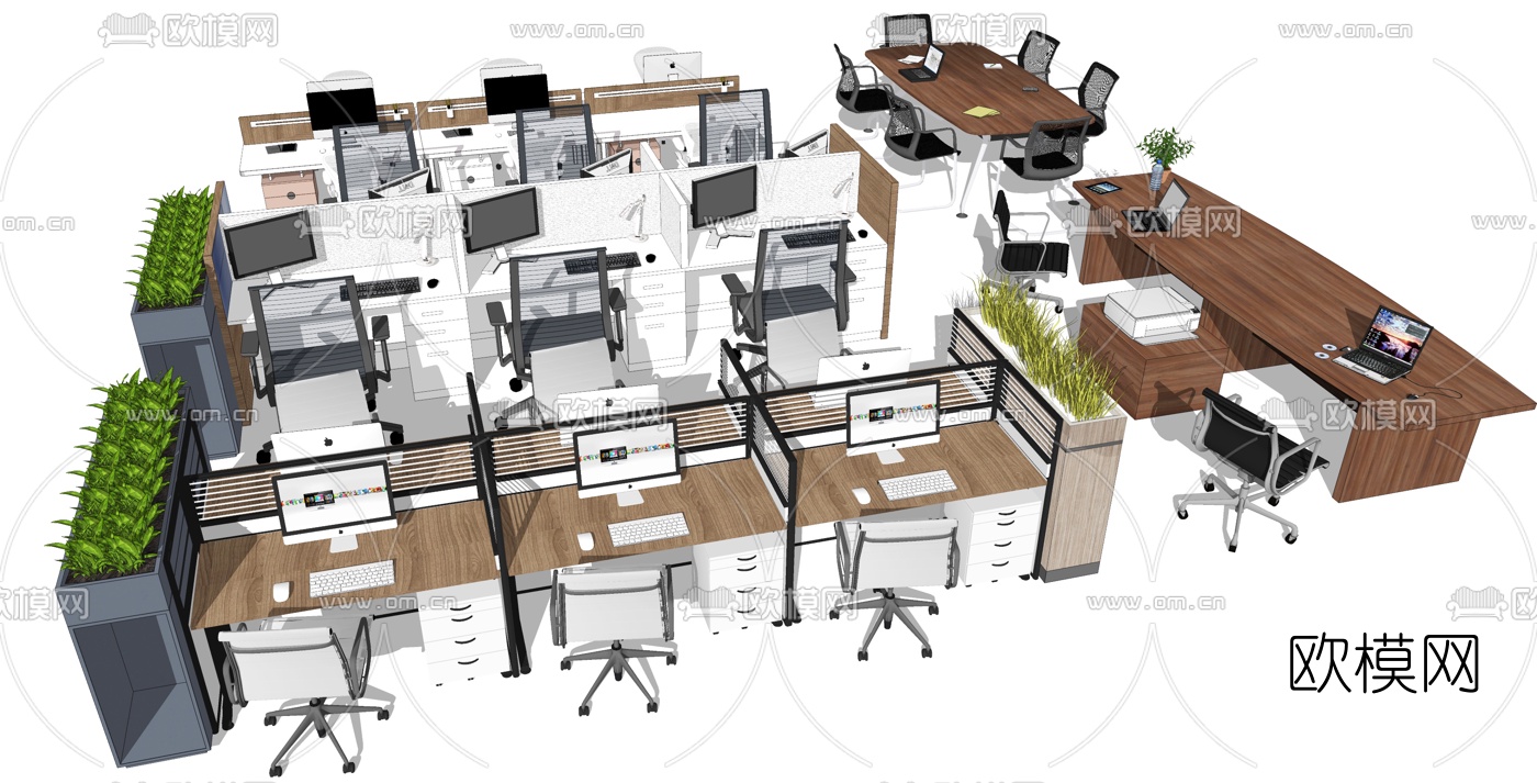 现代卡座办公桌椅su模型下载（渲染图2）