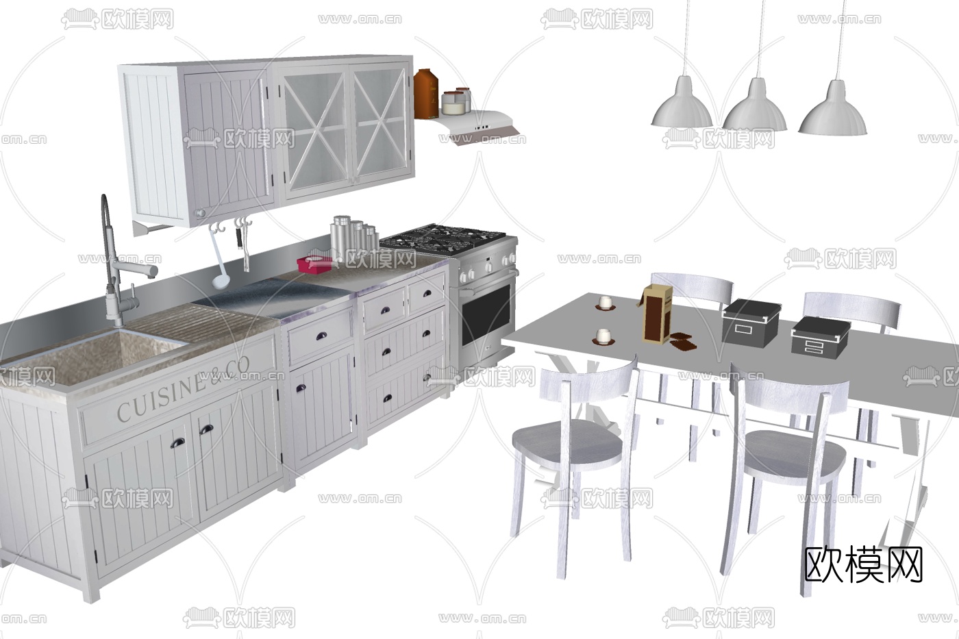 简欧开放式厨房su模型下载
