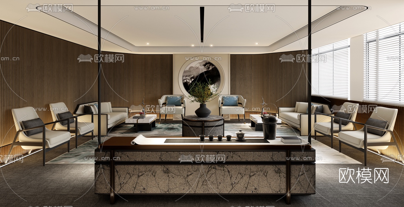 新中式酒店接待室3d模型下载（渲染图1）
