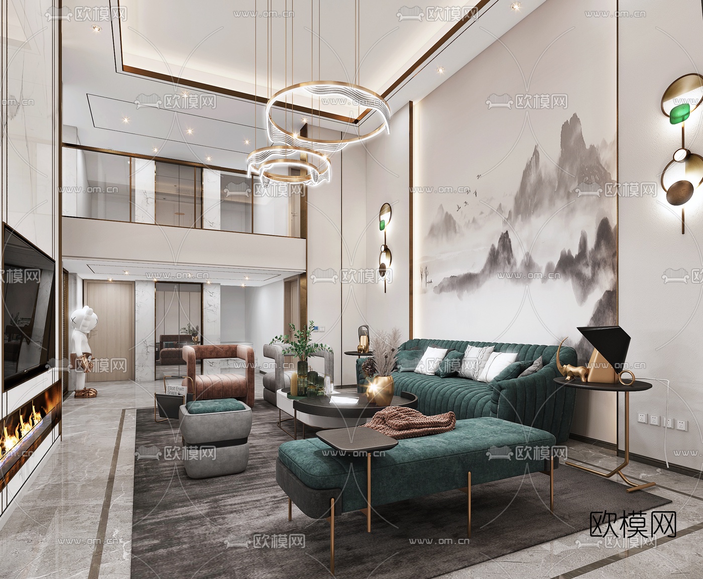 新中式轻奢别墅大堂3d模型下载（渲染图2）