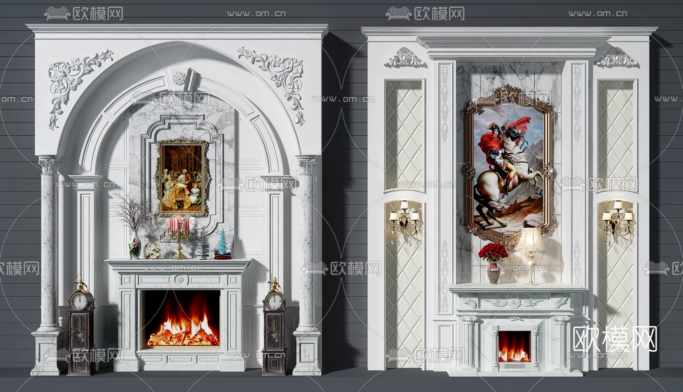 欧式壁炉背景墙组合3d模型
