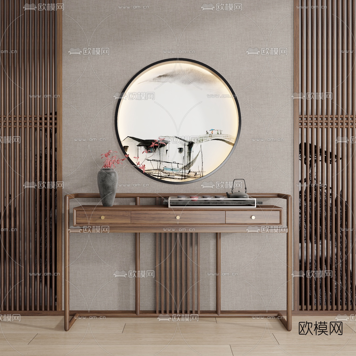 新中式实木端景台3d模型