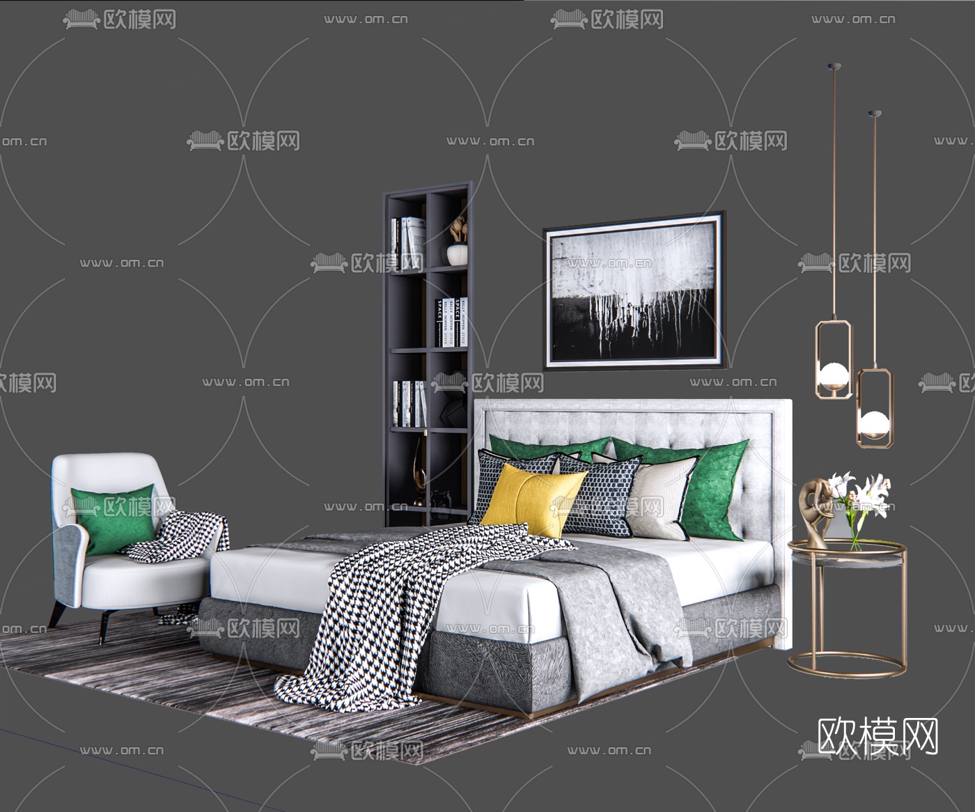 现代布艺双人床su模型下载（渲染图1）