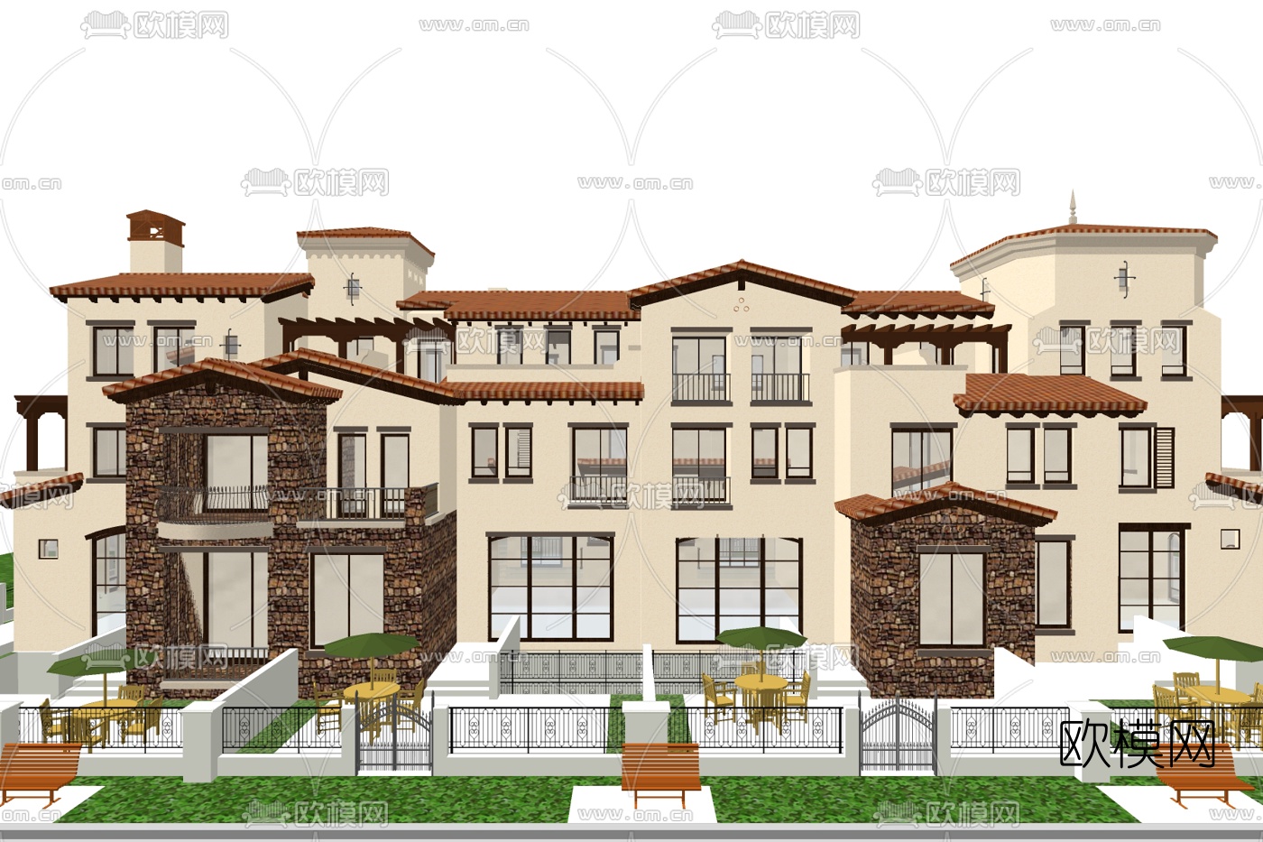 简欧连排别墅外观su模型下载