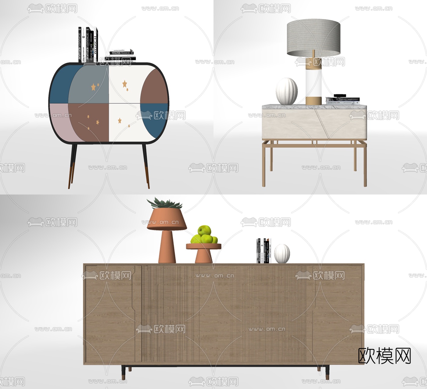 现代轻奢边柜床头柜su模型下载（渲染图2）