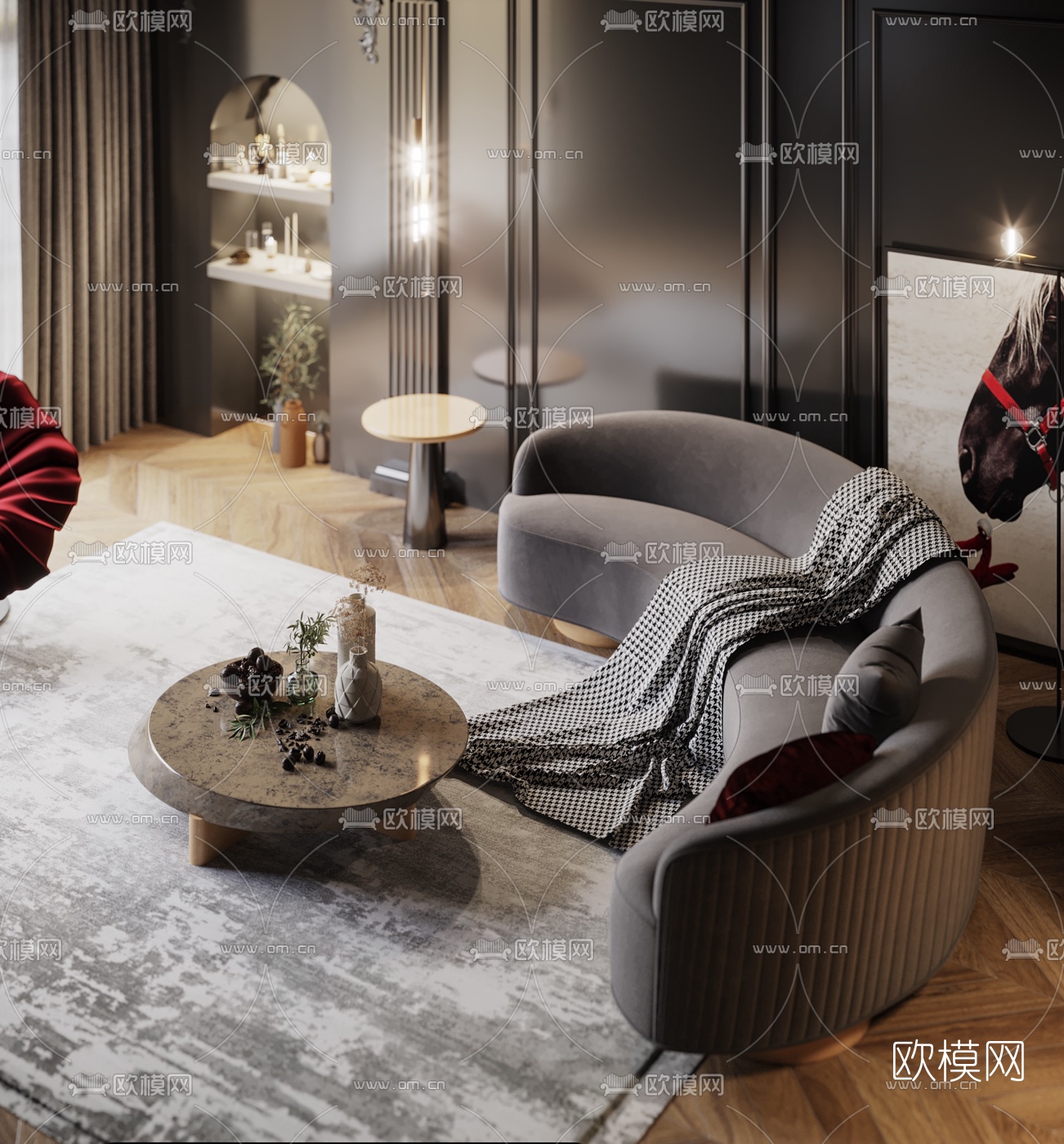 简欧绒布沙发组合R3d模型下载（渲染图2）