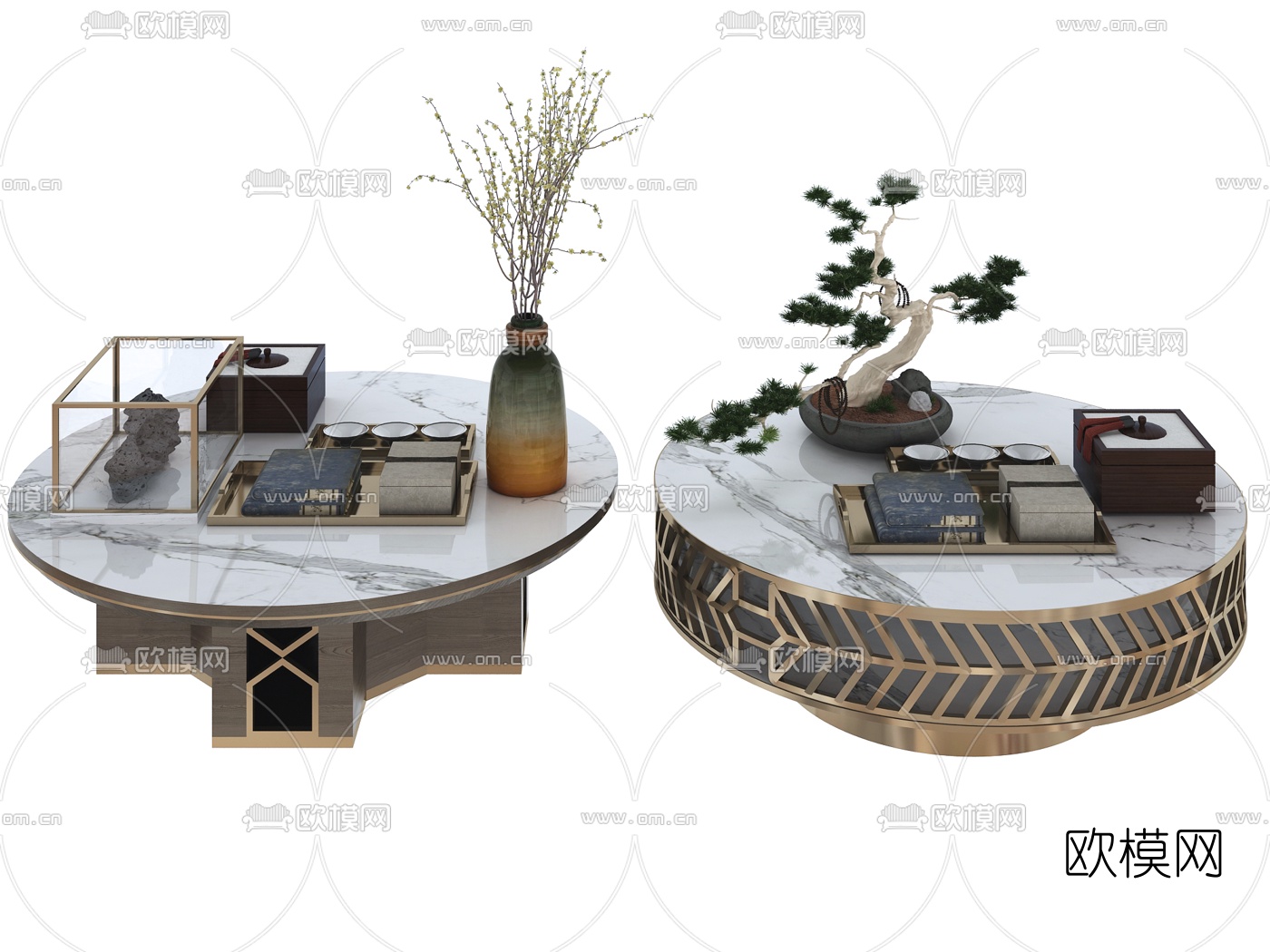 新中式圆形大理石茶几3d模型下载