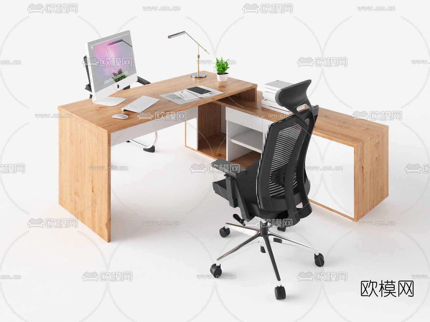 现代班台办公桌3d模型下载（渲染图2）