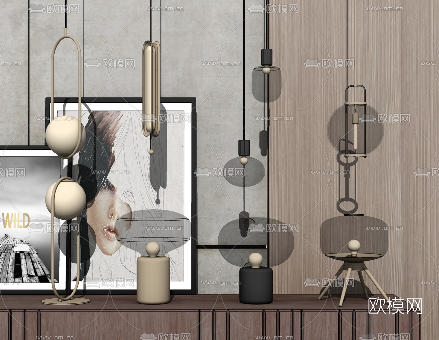 现代金属玻璃吊灯台灯su模型下载（渲染图2）