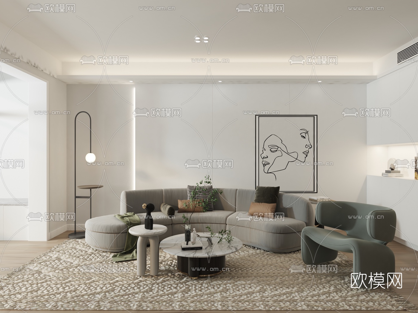 现代简约客厅免费3d模型下载（渲染图3）
